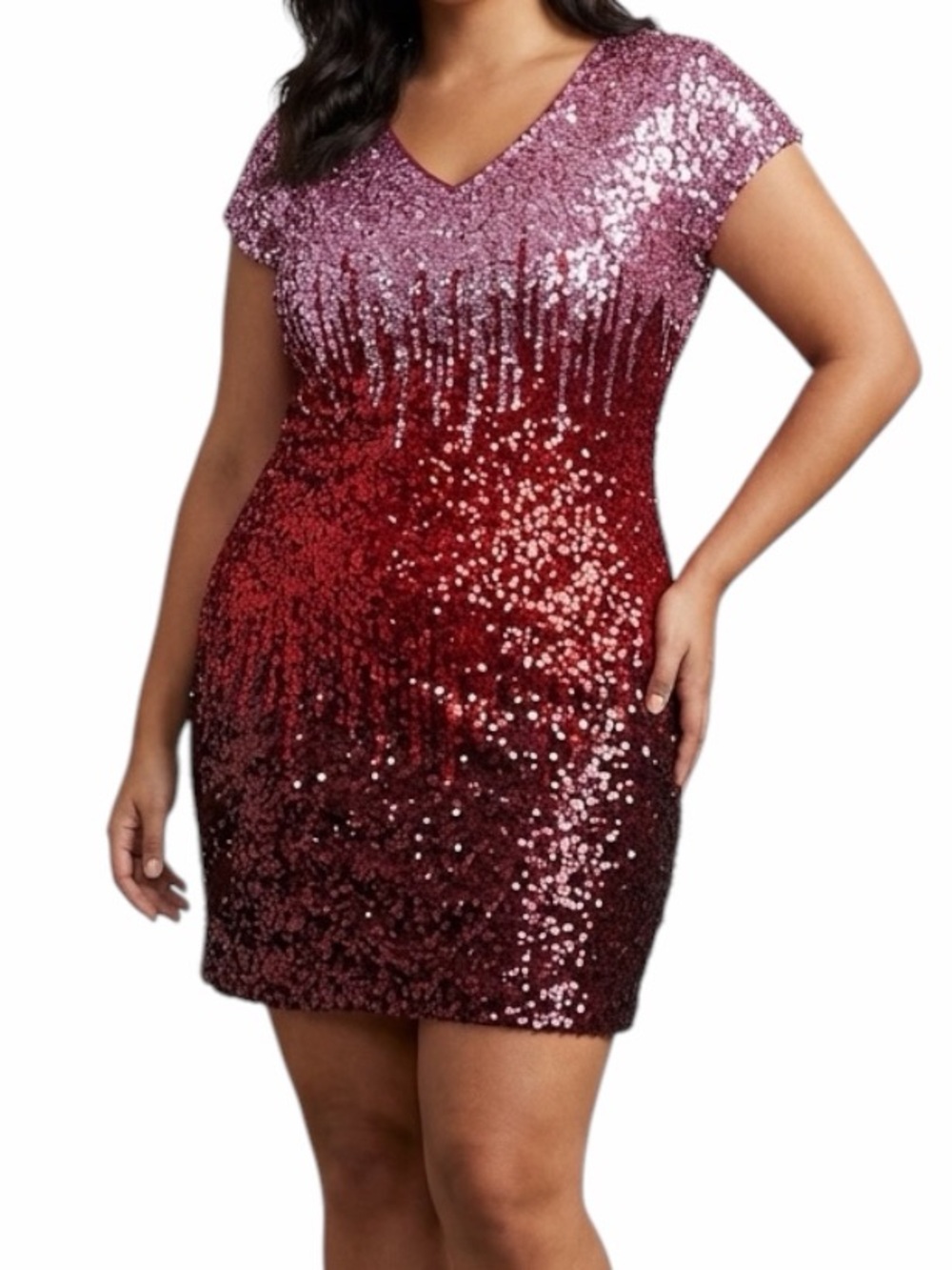 MANER Ombré Sequin V-Neck Short Sleeve Cocktail Dress Burgundy Red Size XXL